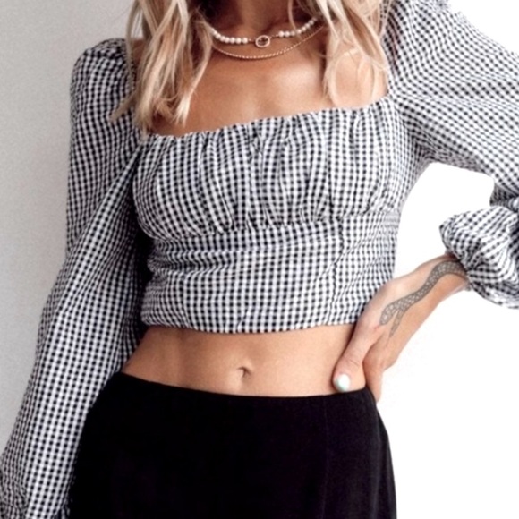 NWOT Princess Polly Long Sleeve Crop Top in Black & White Gingham Print Size 6 - Picture 2 of 6